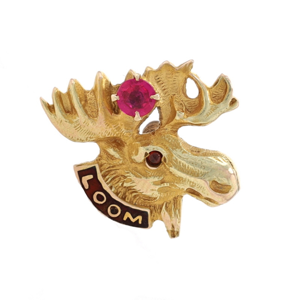 Yellow Gold Loyal Order of Moose Lapel Pin - 10k Synthetic Ruby LOOM Fraternal